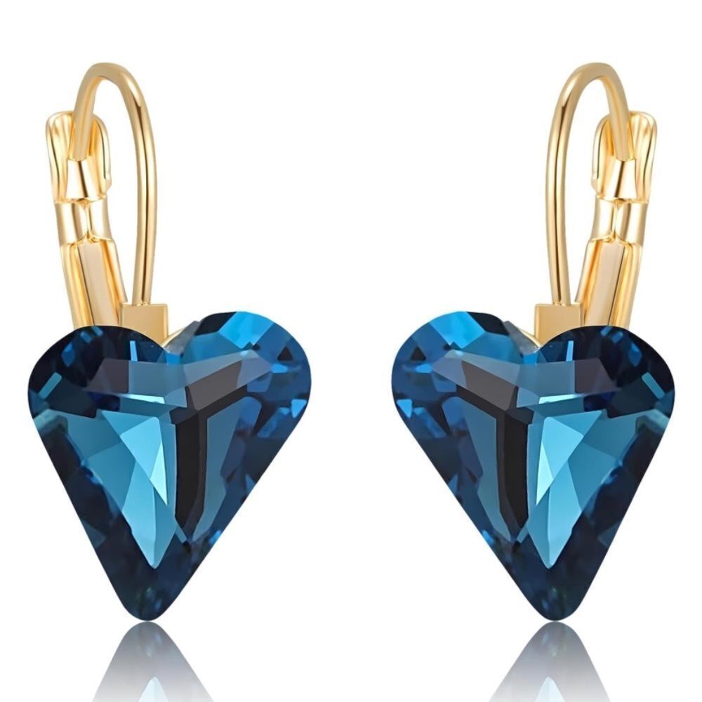 14K Yellow Gold with London Blue Topaz Austrian Crystal Heart Leverback Earrings